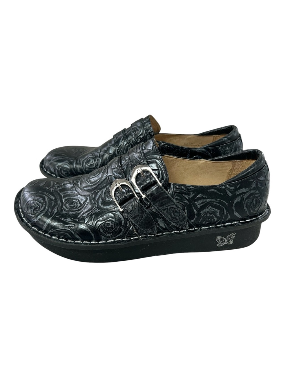 ALEGRIA Alli Black + Silver Rose Design Embossed Leather Clogs 40